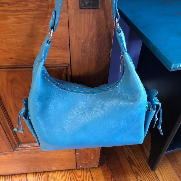 Gavi Pell Handbags - Gavi Pell Blue Leather Blanket Stitched Bag